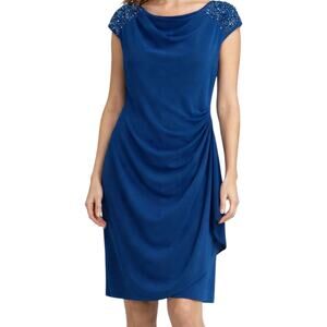 Alex Evenings Side Ruched Mini Dress Rhinestone Drapey Cowl Neck Cobalt Blue 10
